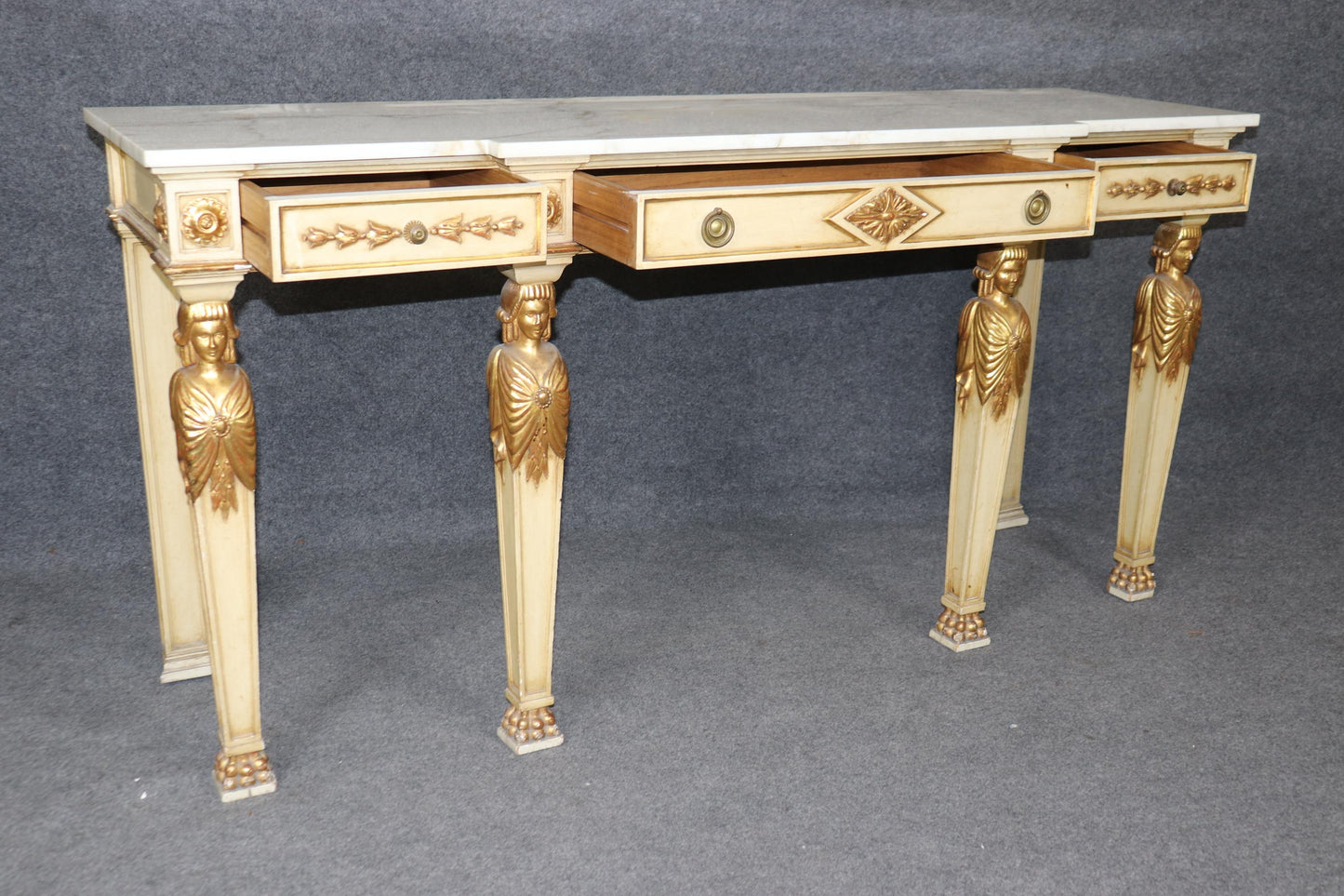 Fine French Empire Creme and Gilded Figural Marble Top Console Sofa Table