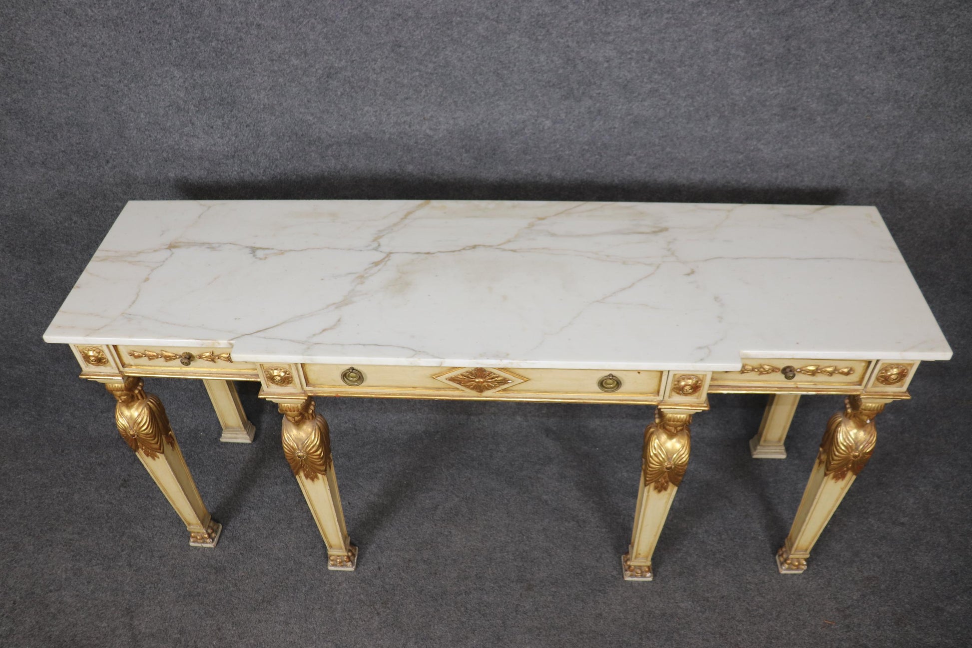 Fine French Empire Creme and Gilded Figural Marble Top Console Sofa Table