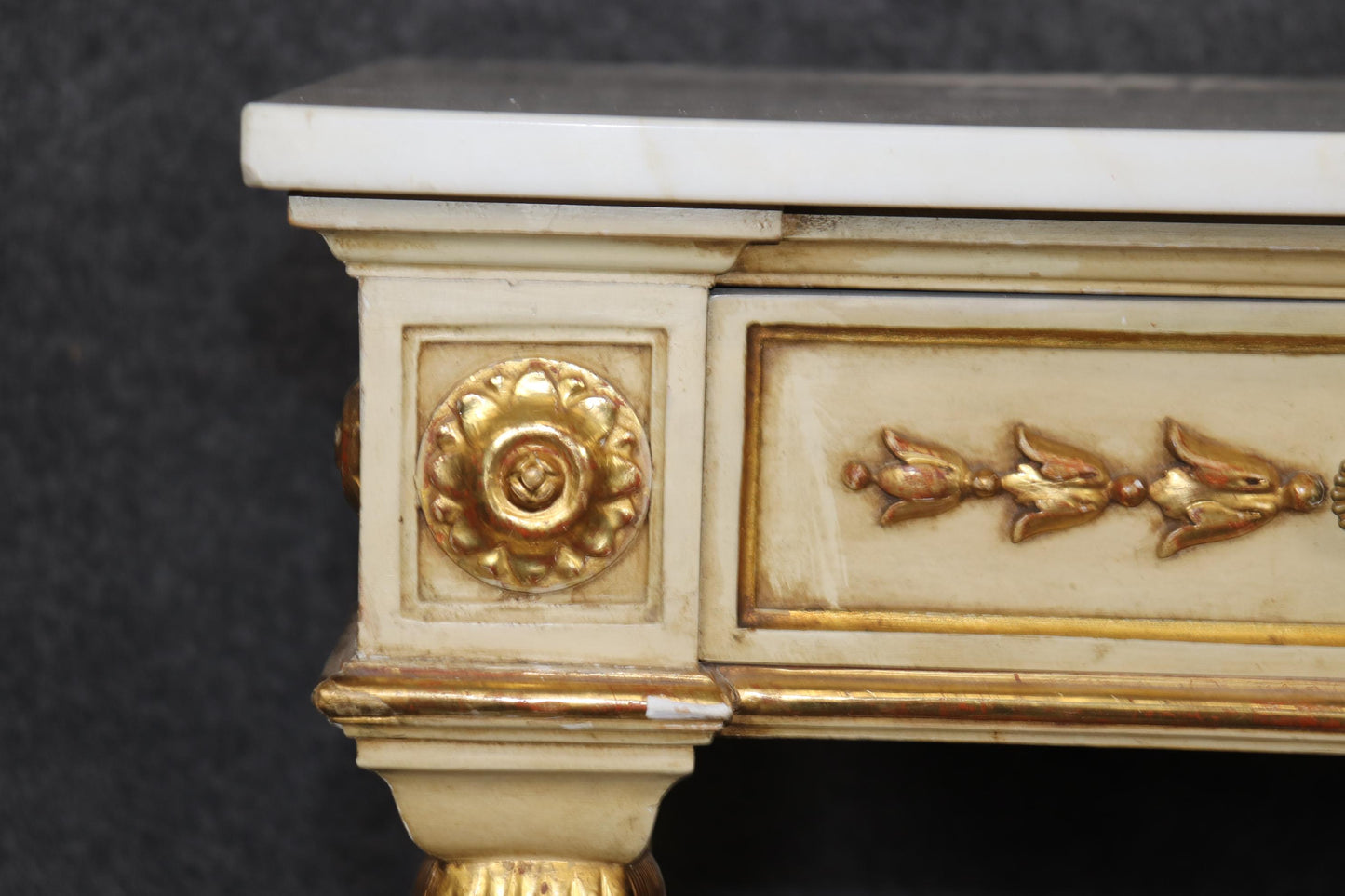 Fine French Empire Creme and Gilded Figural Marble Top Console Sofa Table