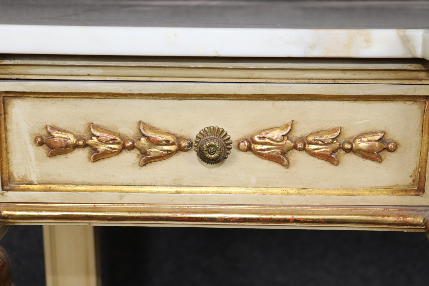 Fine French Empire Creme and Gilded Figural Marble Top Console Sofa Table