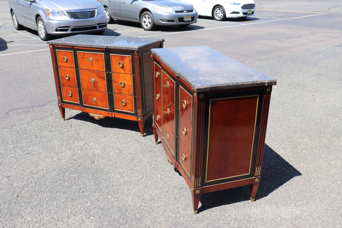 Pair Hand-Made Custom French Bronze Mounted Cherry and Ebonized Commodes