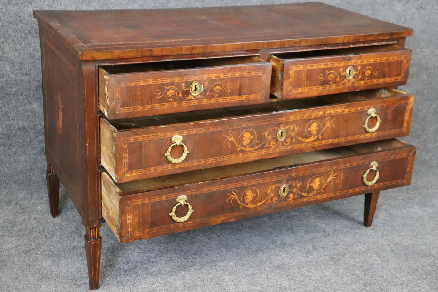 Fine Original Finish Italian Provincial Inlaid Walnut and Fruitwood Commode