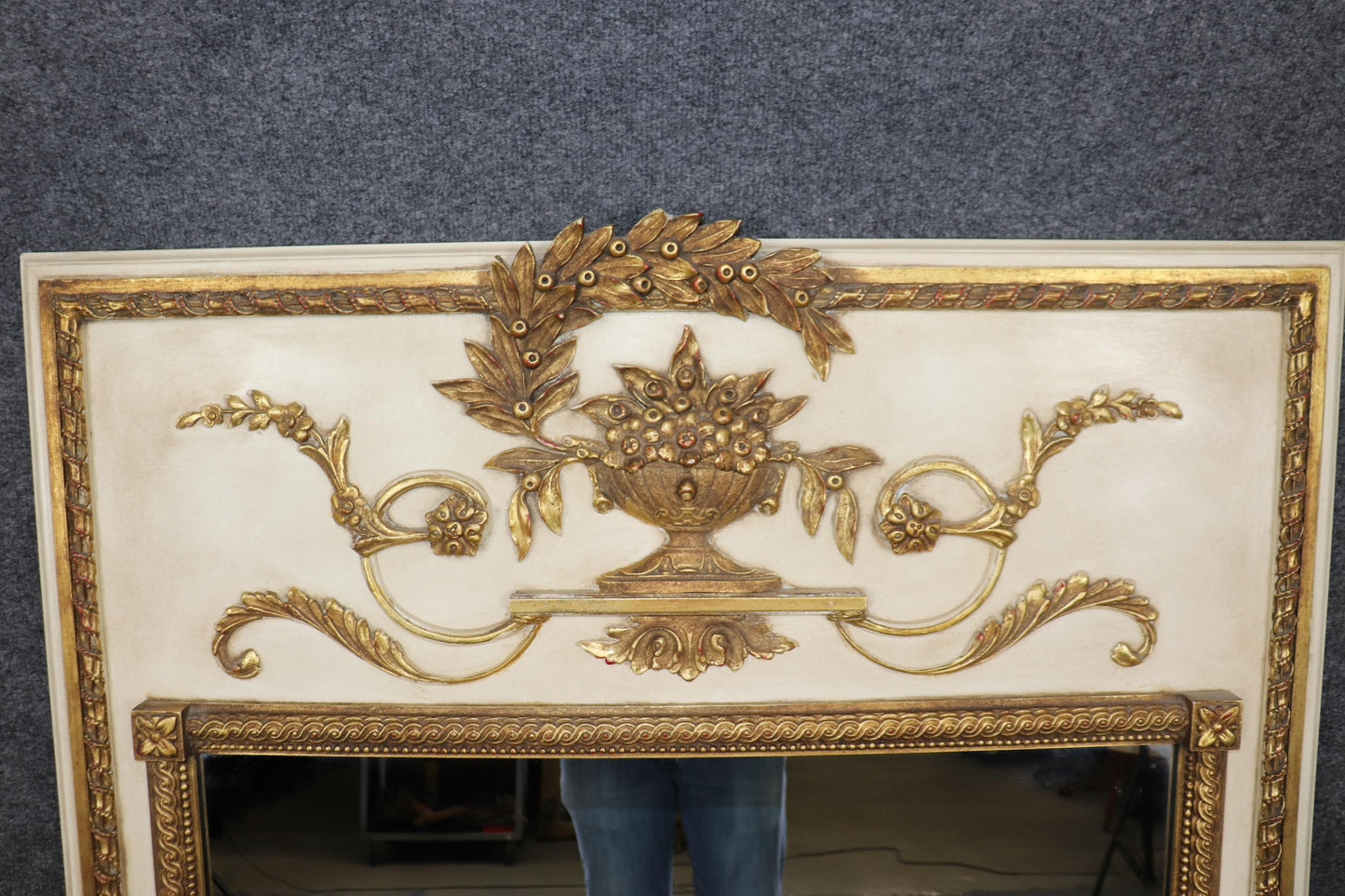 Fine Creme Paint Decorated and Gilded French Louis XV Trumeau Mirror