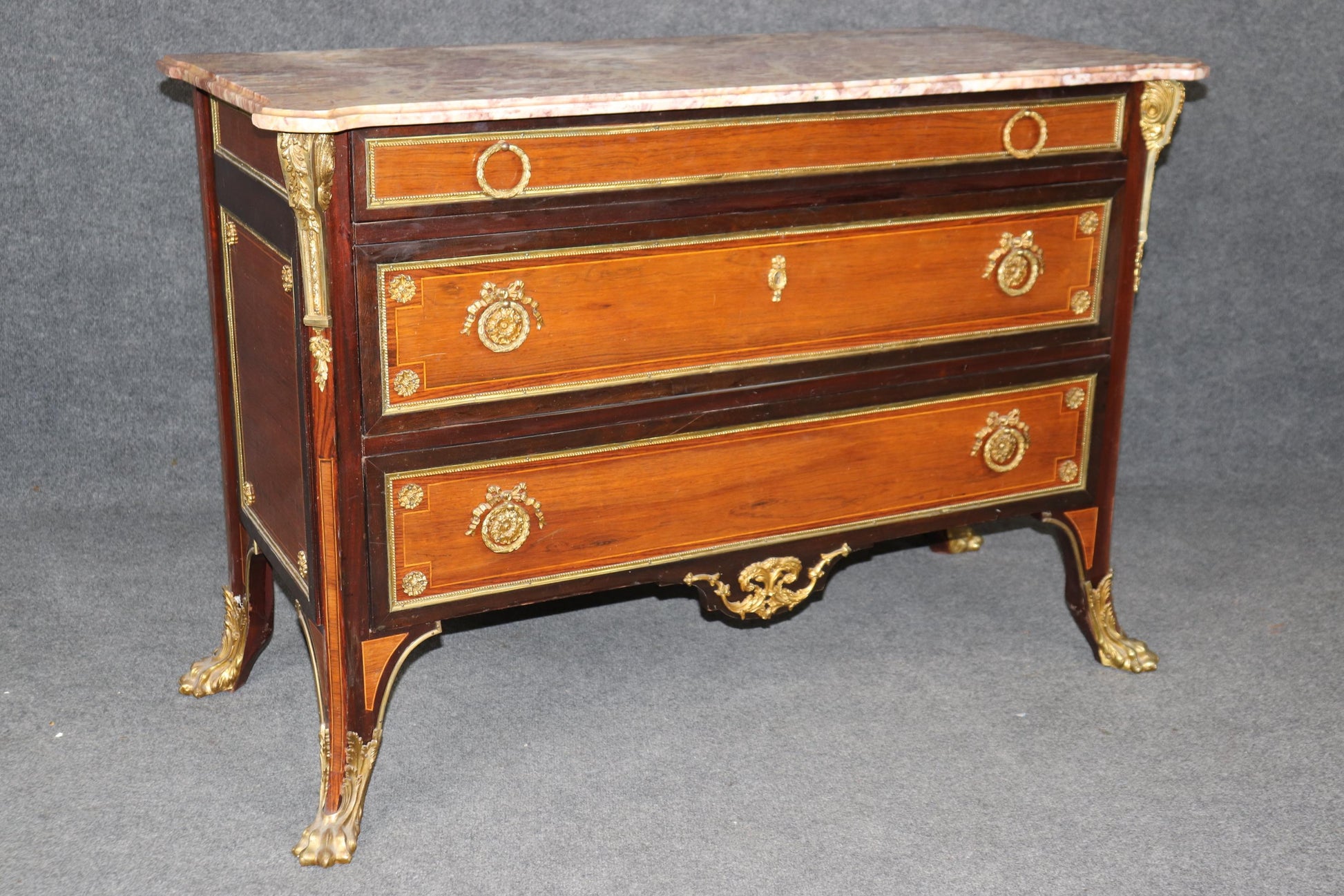 Bronze Paw Footed Marble Top Rosewood and Mahogany French Louis XV Commode