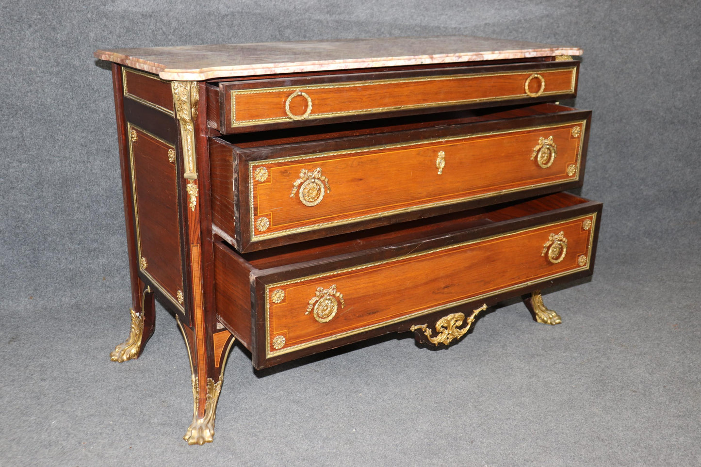 Bronze Paw Footed Marble Top Rosewood and Mahogany French Louis XV Commode