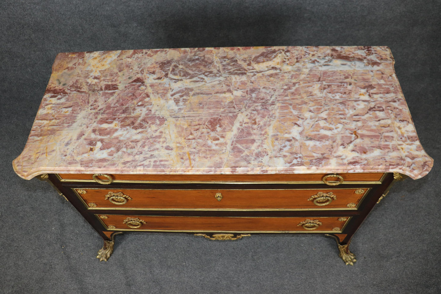 Bronze Paw Footed Marble Top Rosewood and Mahogany French Louis XV Commode