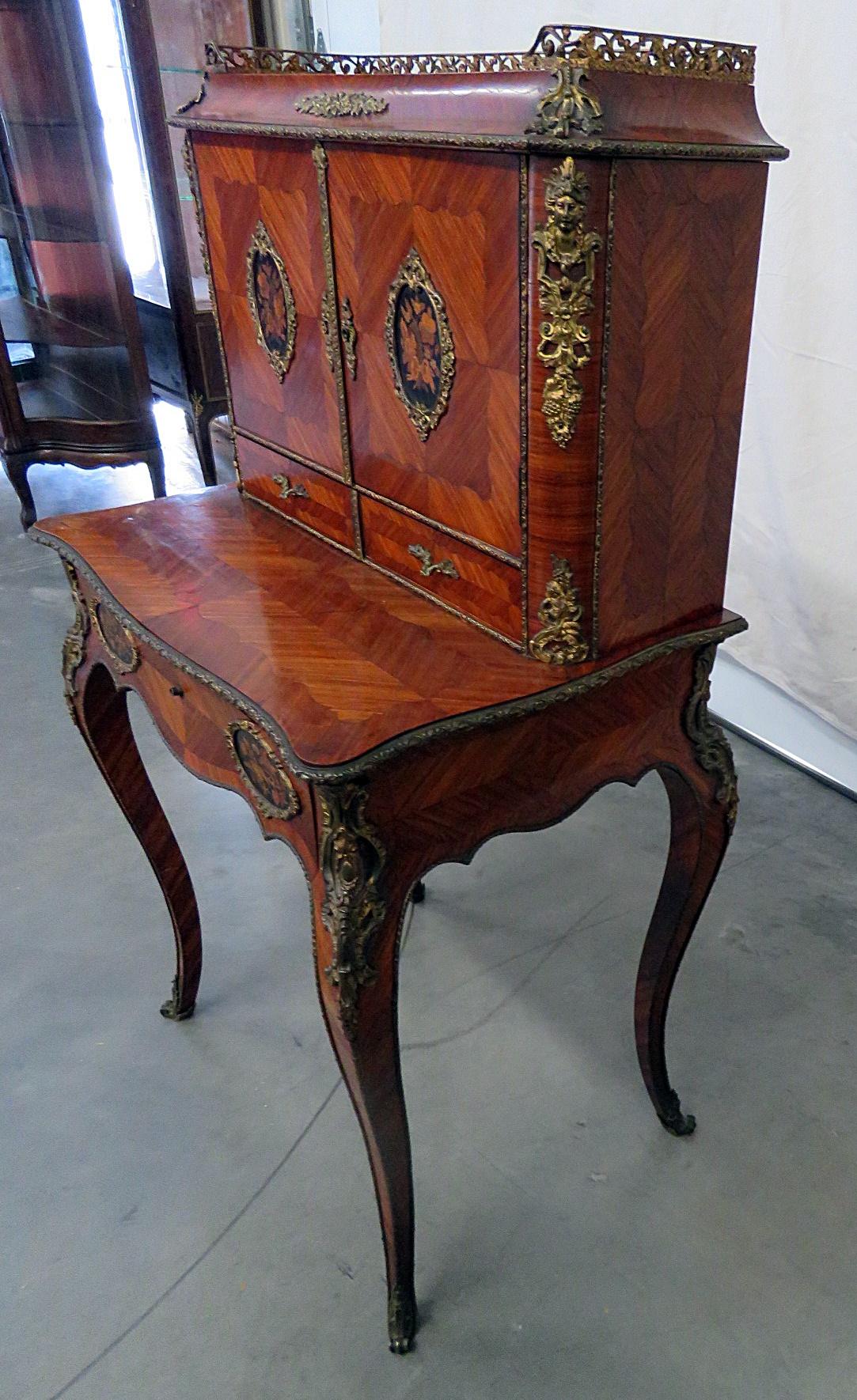 Antique C1870s French Louis XVI Style Inlaid King Wood Ladies Writing Desk