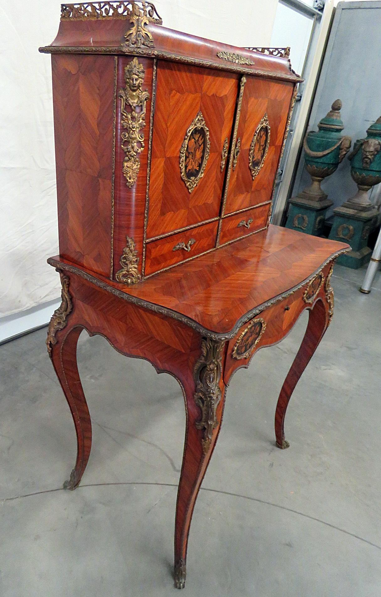 Antique C1870s French Louis XVI Style Inlaid King Wood Ladies Writing Desk