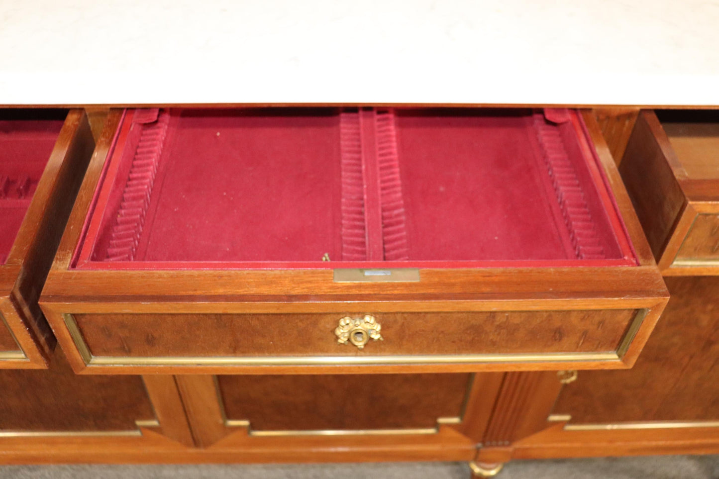 Fine Signed Walnut Maison Jansen Brass Trimmed Marble Top Directoire Sideboard