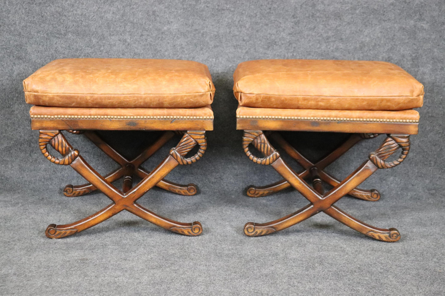 Pair of Walnut Sword and Scabbard X Style Walnut Benches with Faux Alligator