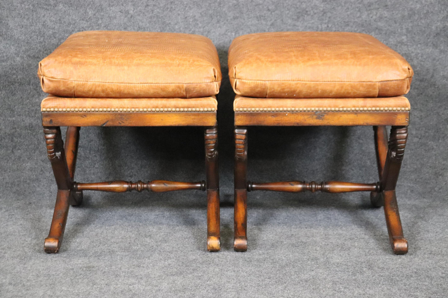 Pair of Walnut Sword and Scabbard X Style Walnut Benches with Faux Alligator