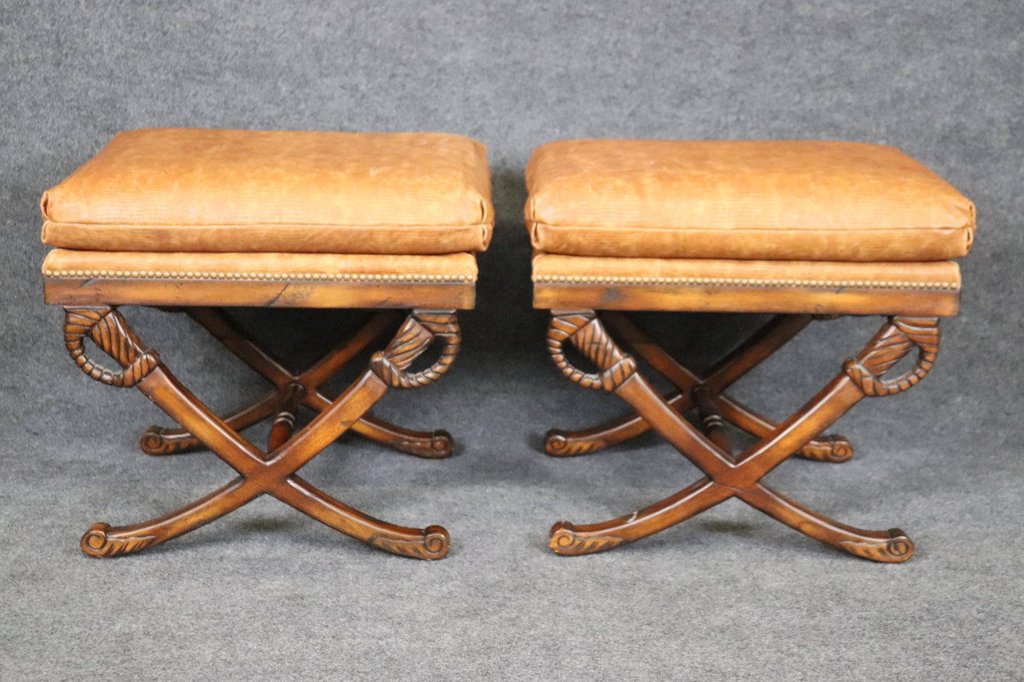 Pair of Walnut Sword and Scabbard X Style Walnut Benches with Faux Alligator