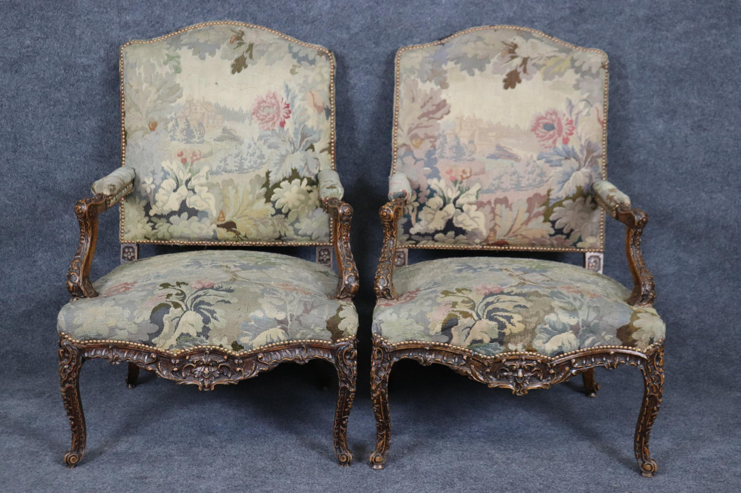 Superb Pair Important Carved French Regence Tapestry Armchairs Circa 1850s