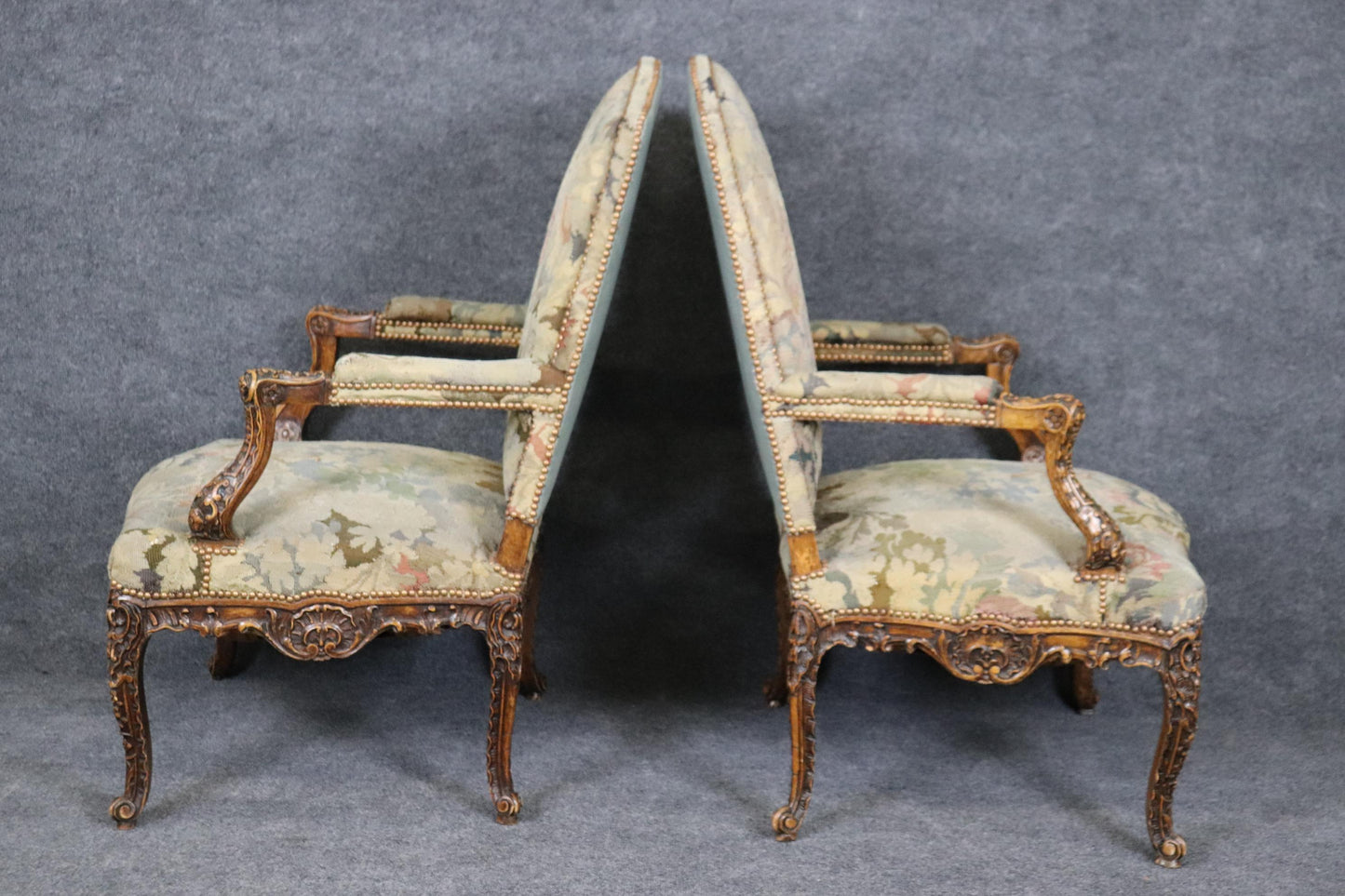 Superb Pair Important Carved French Regence Tapestry Armchairs Circa 1850s