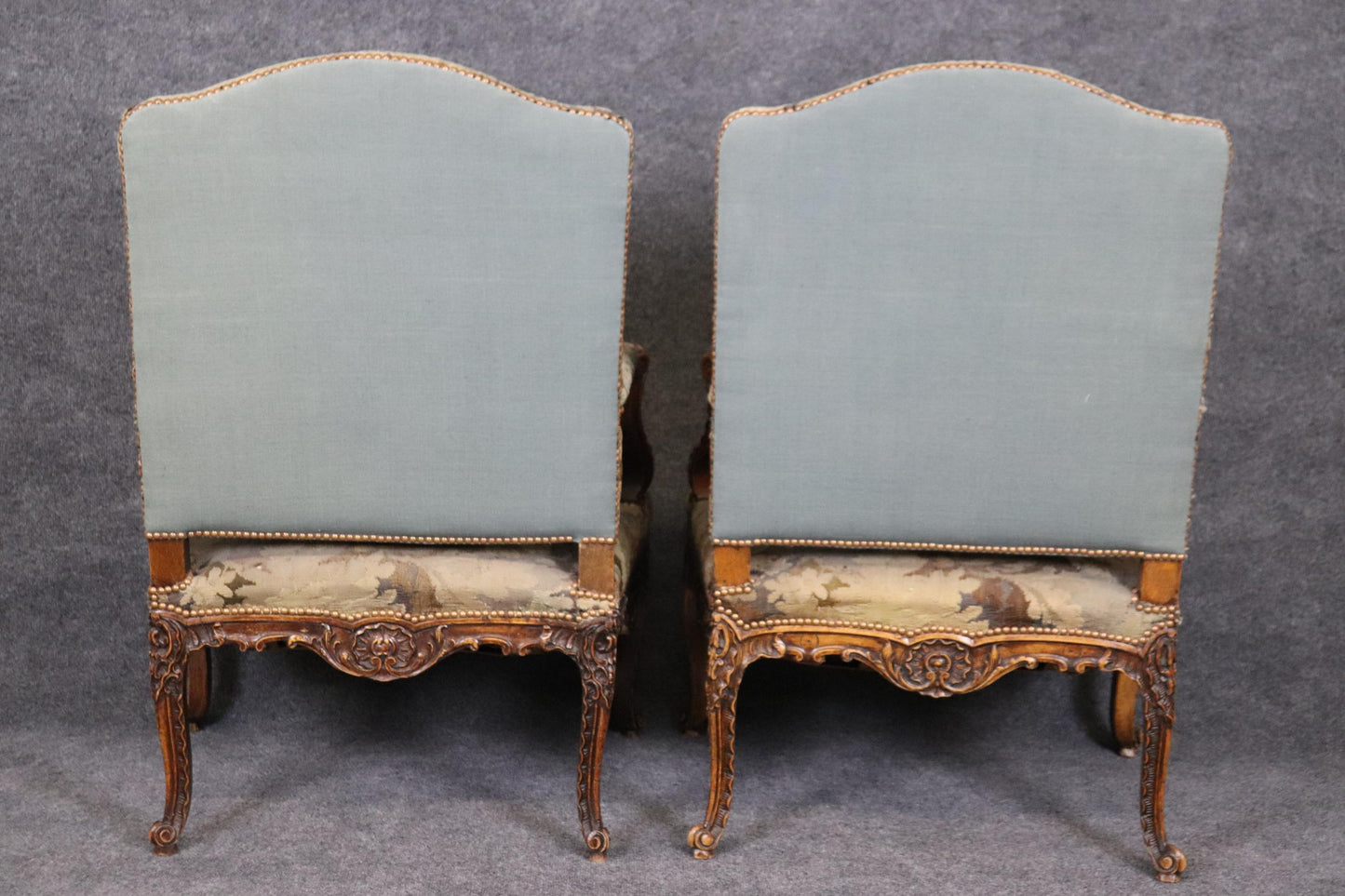 Superb Pair Important Carved French Regence Tapestry Armchairs Circa 1850s