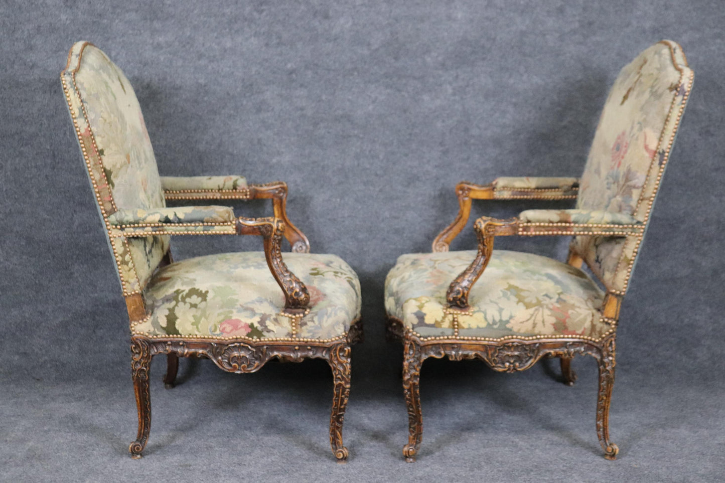 Superb Pair Important Carved French Regence Tapestry Armchairs Circa 1850s