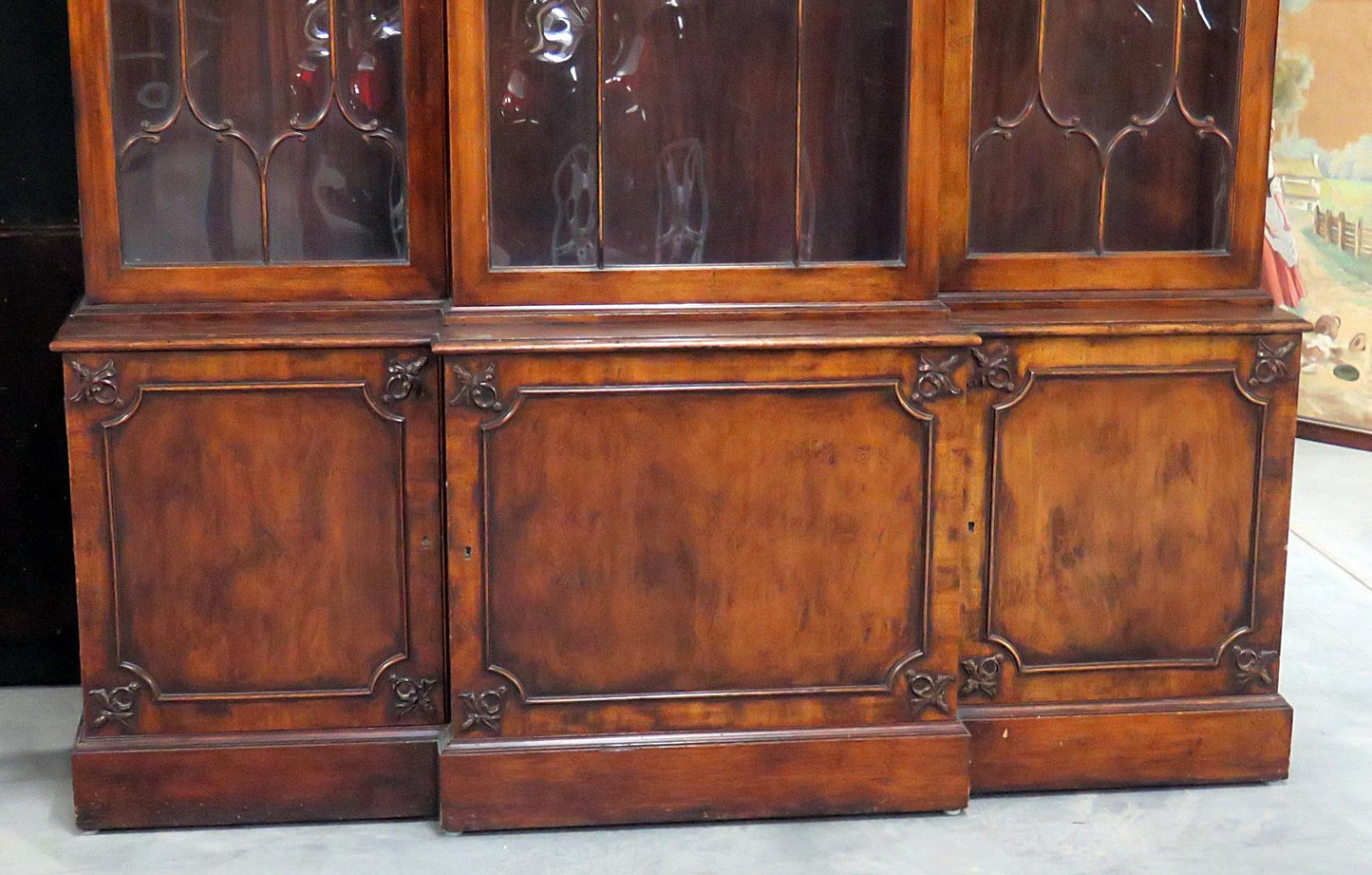 C1930s Era English Made Federal Style Mahogany Breakfront China Cabinet Bookcase