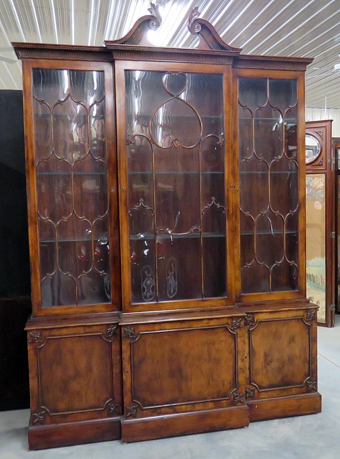 C1930s Era English Made Federal Style Mahogany Breakfront China Cabinet Bookcase