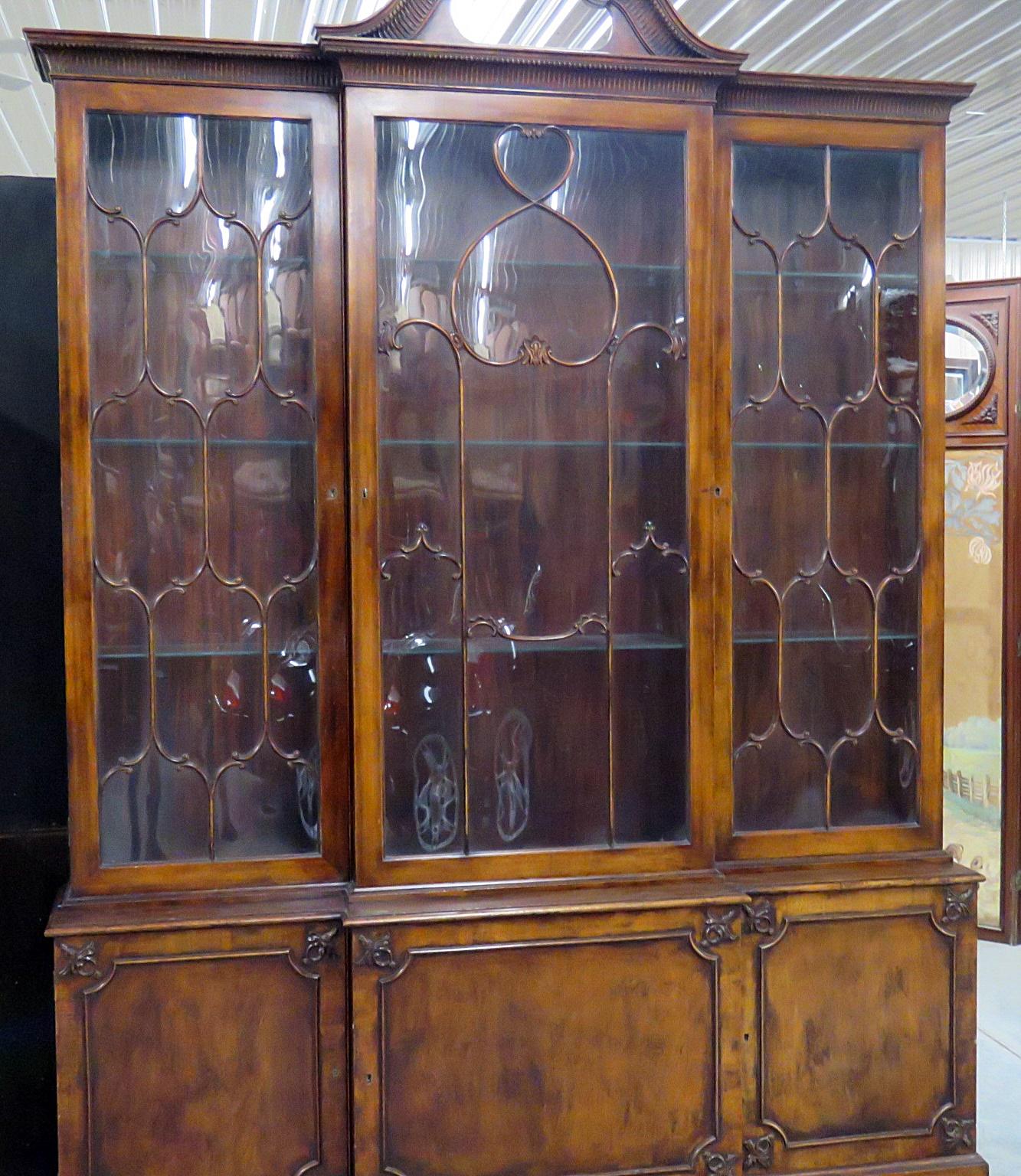 C1930s Era English Made Federal Style Mahogany Breakfront China Cabinet Bookcase