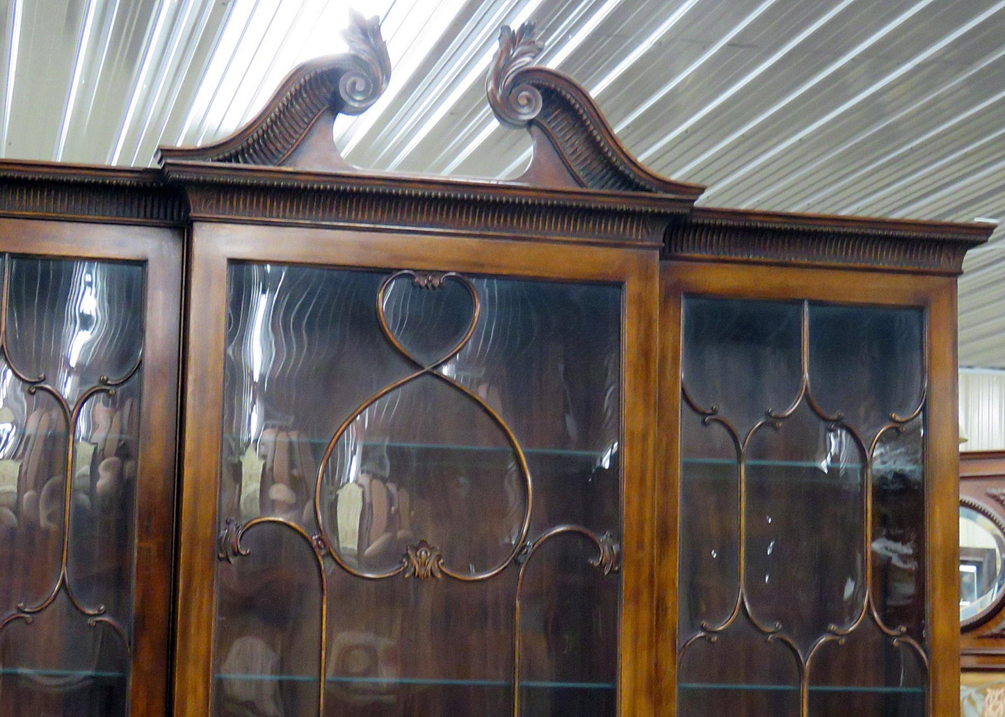 C1930s Era English Made Federal Style Mahogany Breakfront China Cabinet Bookcase