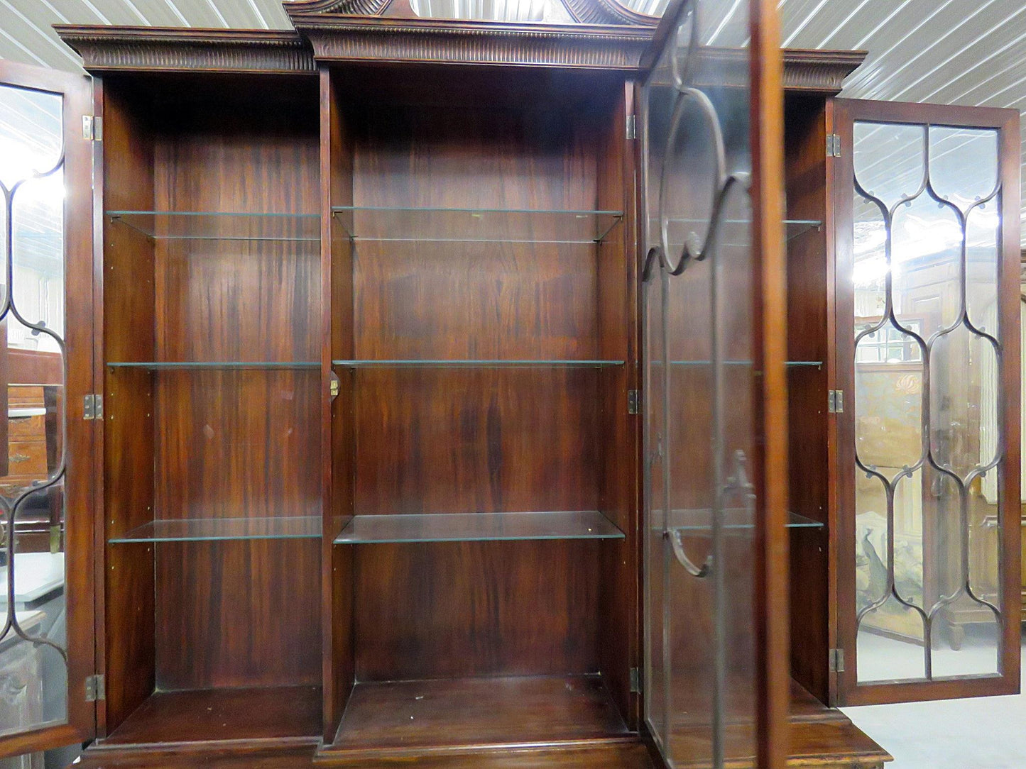 C1930s Era English Made Federal Style Mahogany Breakfront China Cabinet Bookcase