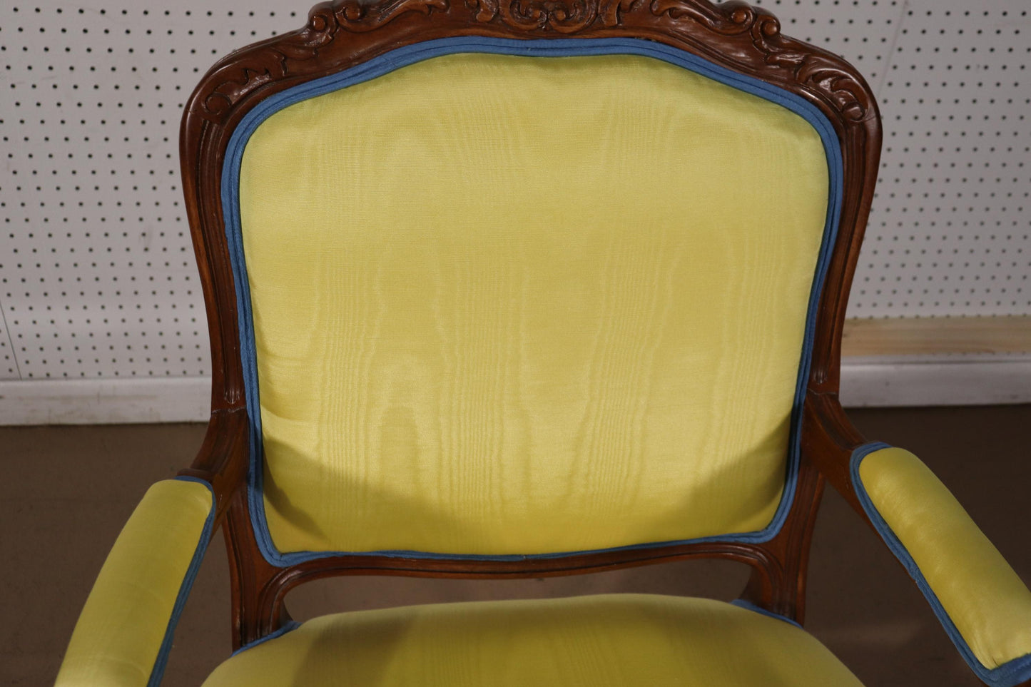 Yellow Moire Fabric Upholstered French Louis XV Style Armchair Fauteuil