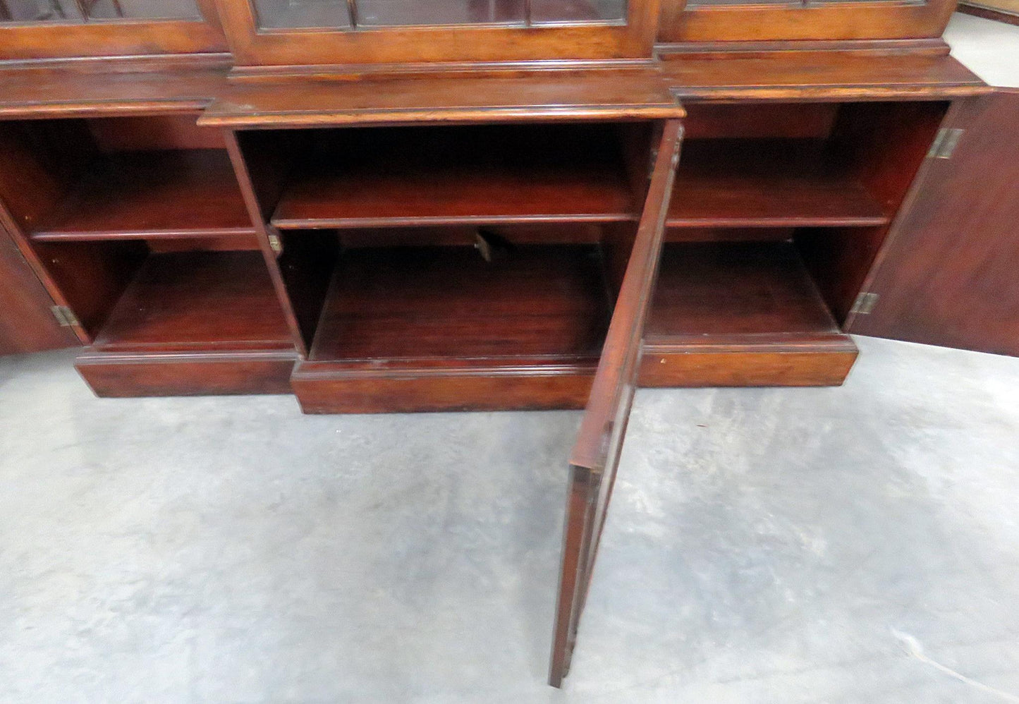 C1930s Era English Made Federal Style Mahogany Breakfront China Cabinet Bookcase