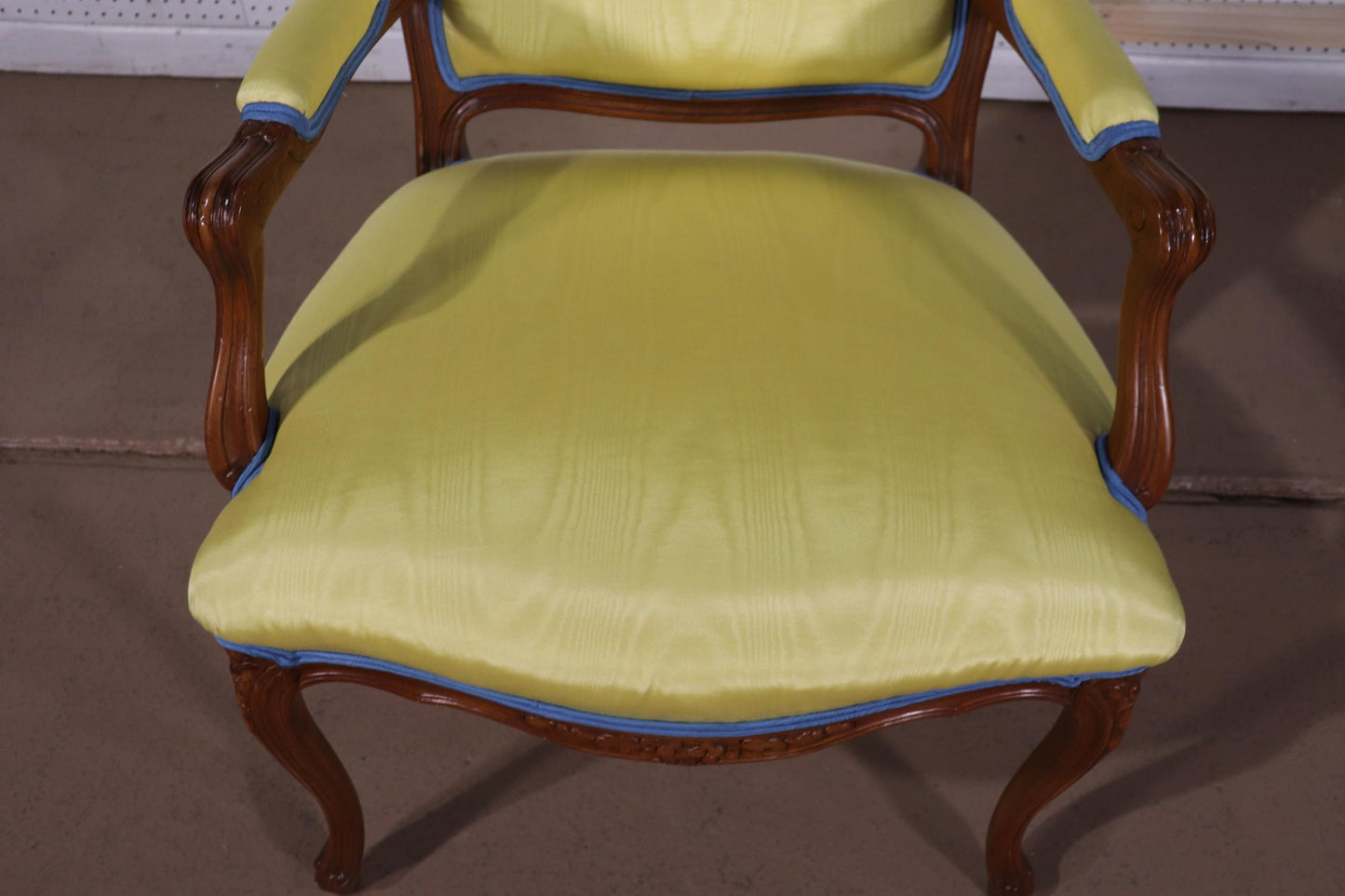 Yellow Moire Fabric Upholstered French Louis XV Style Armchair Fauteuil