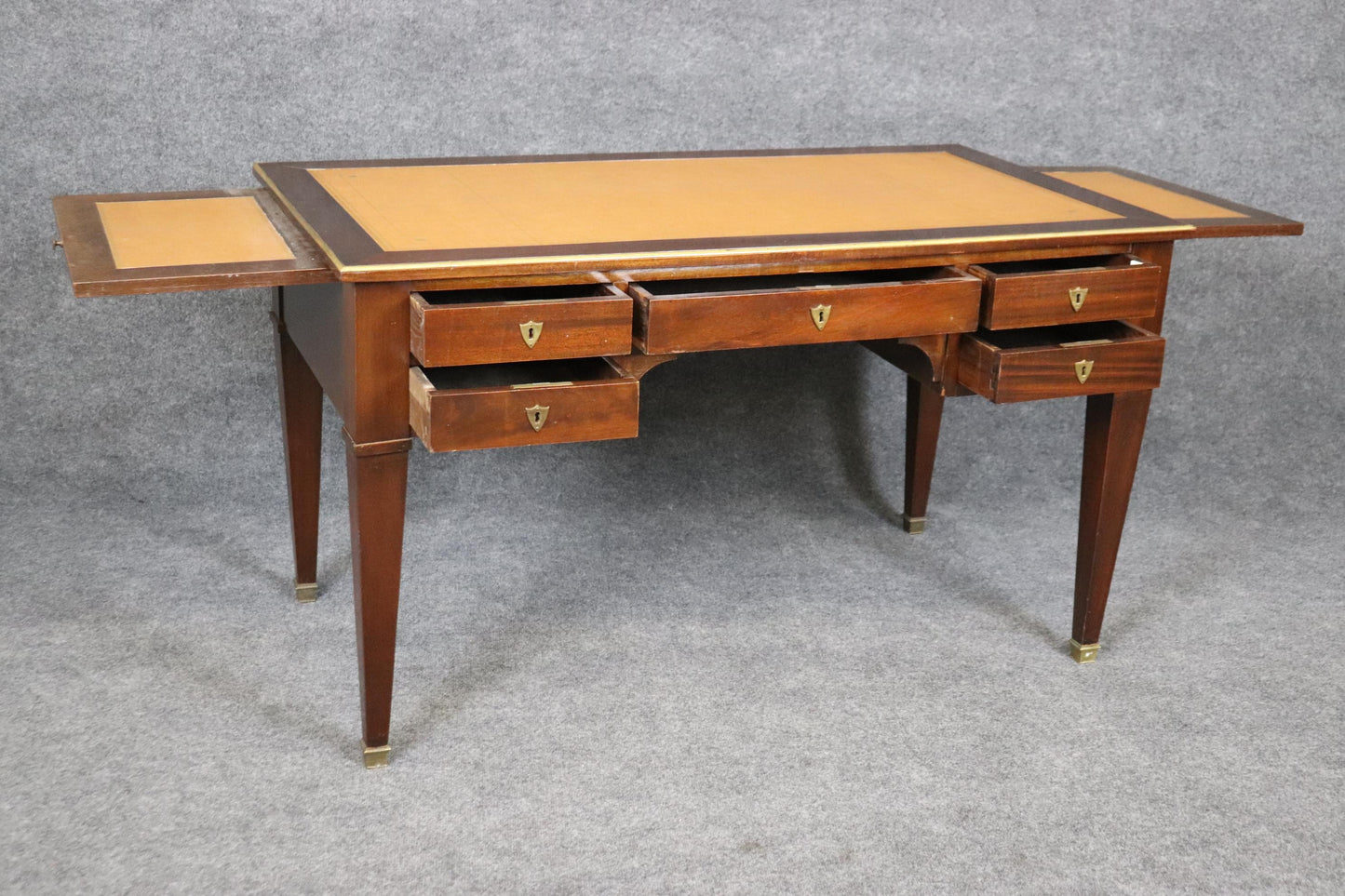 French Mahogany Leather Top Directoire Writing Desk with Pull Out Trays