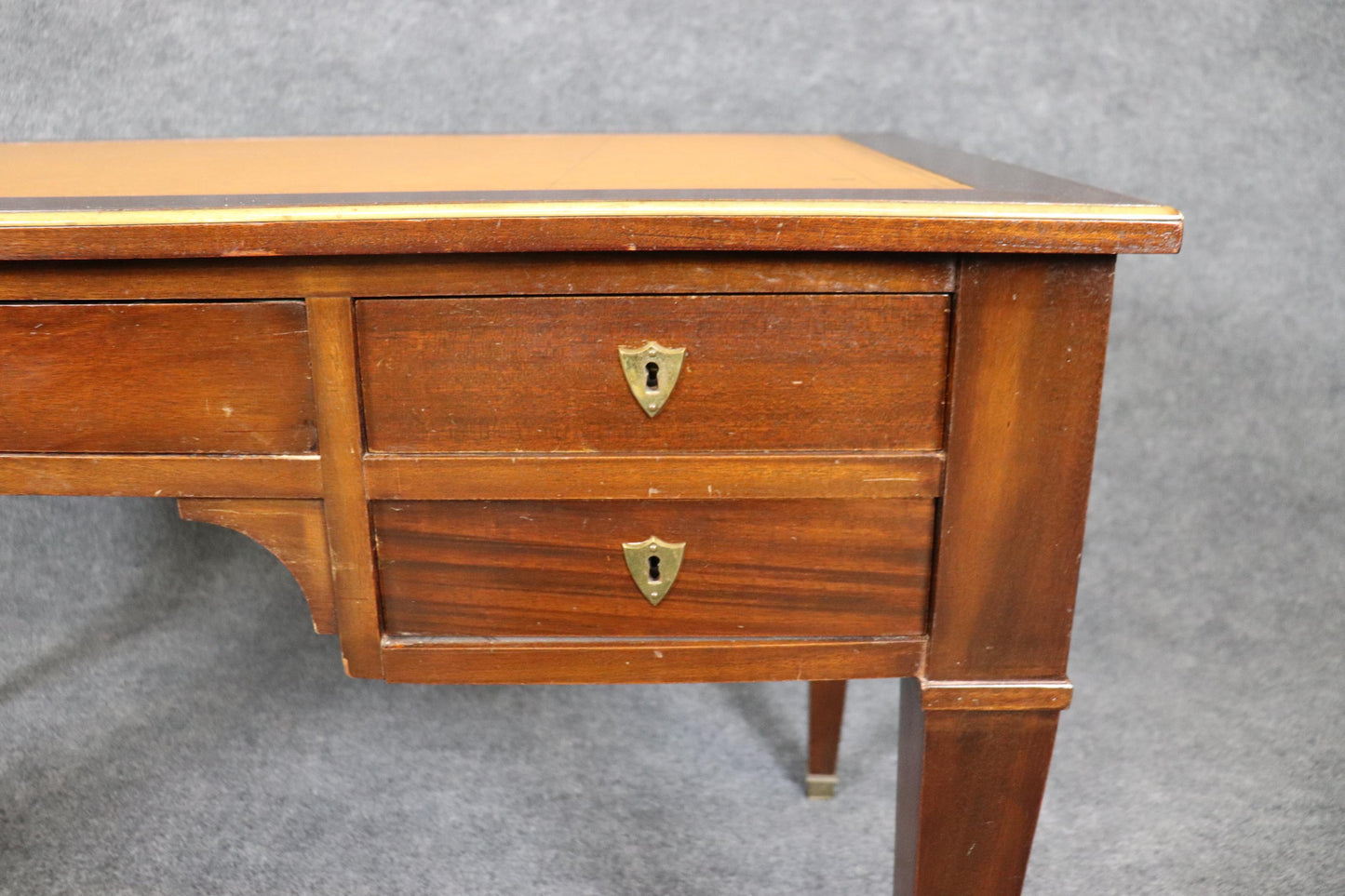 French Mahogany Leather Top Directoire Writing Desk with Pull Out Trays