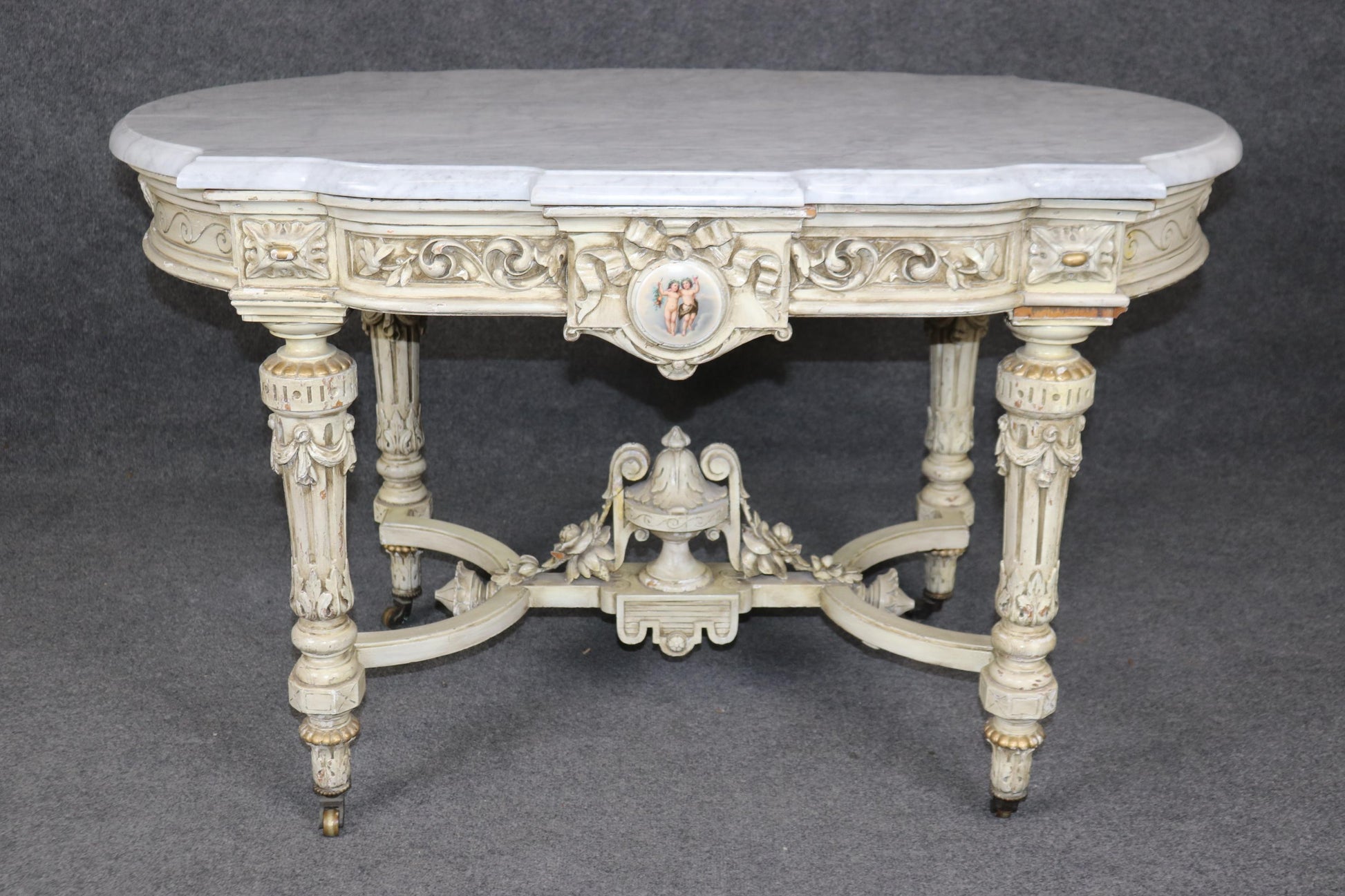 Napoleonic Style Creme Painted Marble Top Center Table Sevres Style Placques