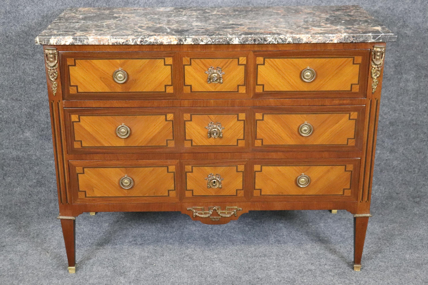 Fine Quality French Bronze Mounted Marble Top Three Drawer Commode Dresser