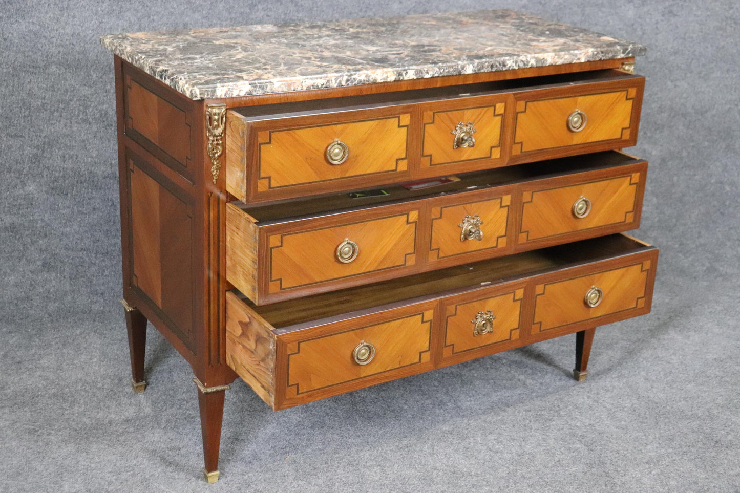 Fine Quality French Bronze Mounted Marble Top Three Drawer Commode Dresser