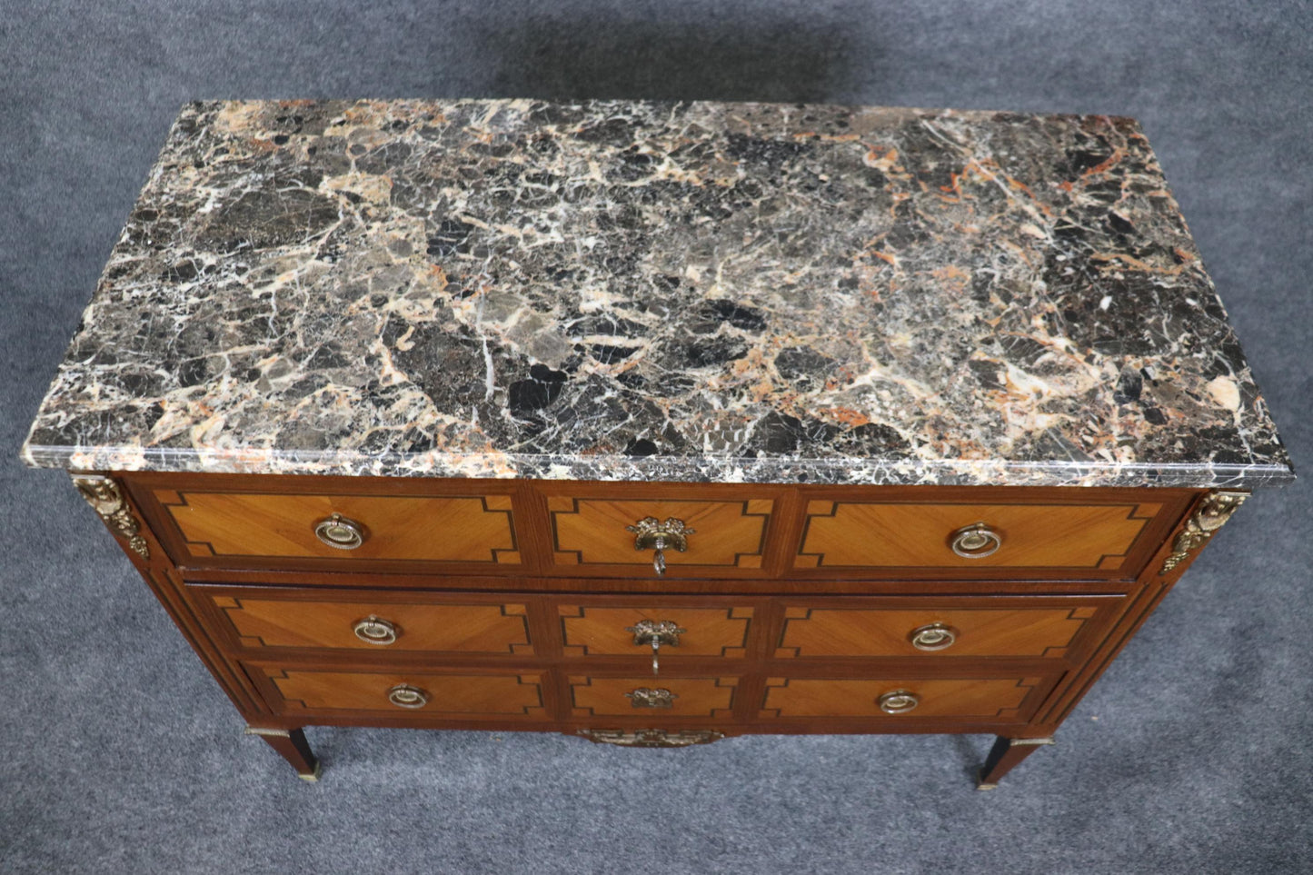 Fine Quality French Bronze Mounted Marble Top Three Drawer Commode Dresser