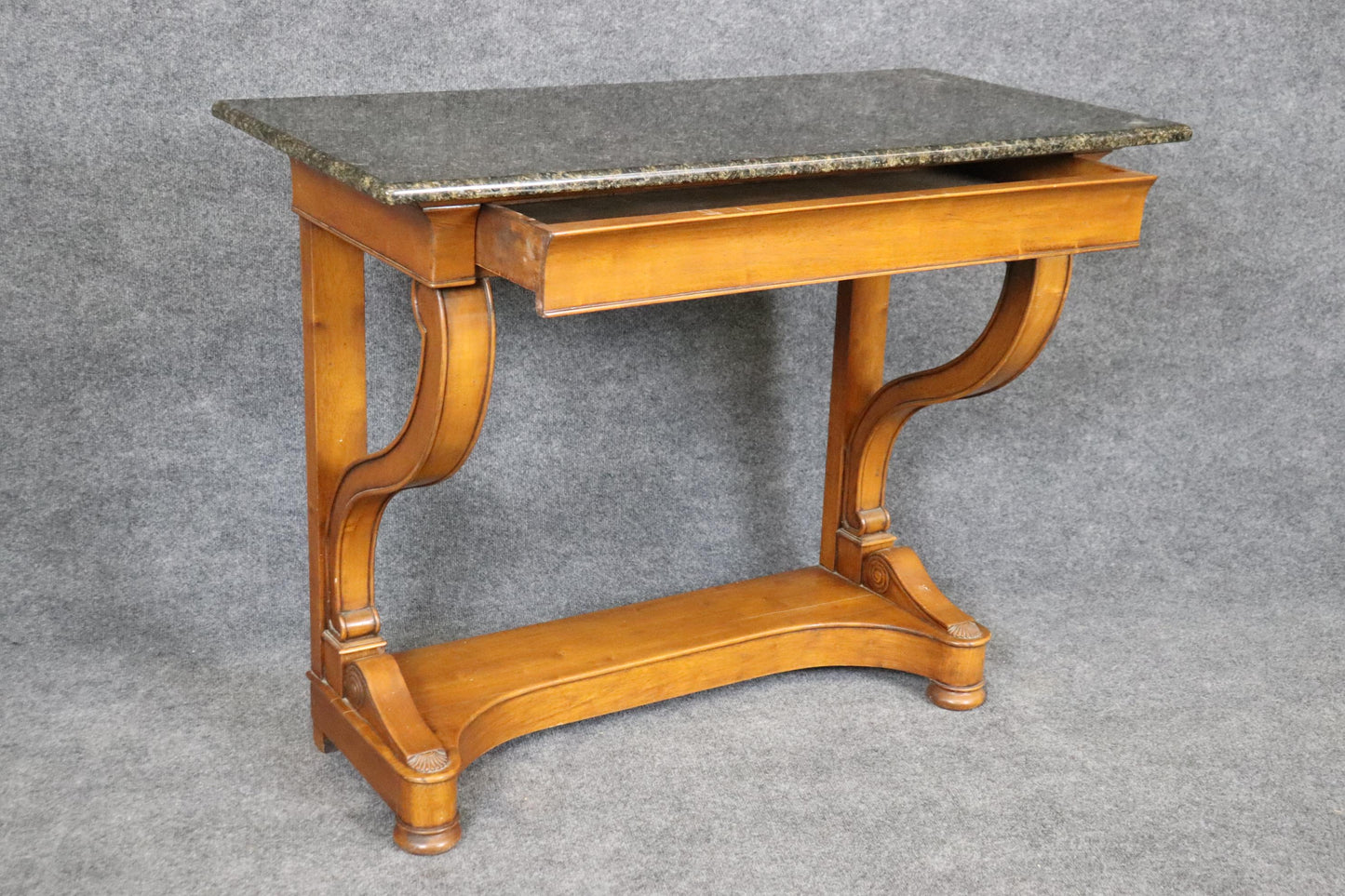 French Empire Style Granite Top Walnut Single Drawer Console Table Buffet