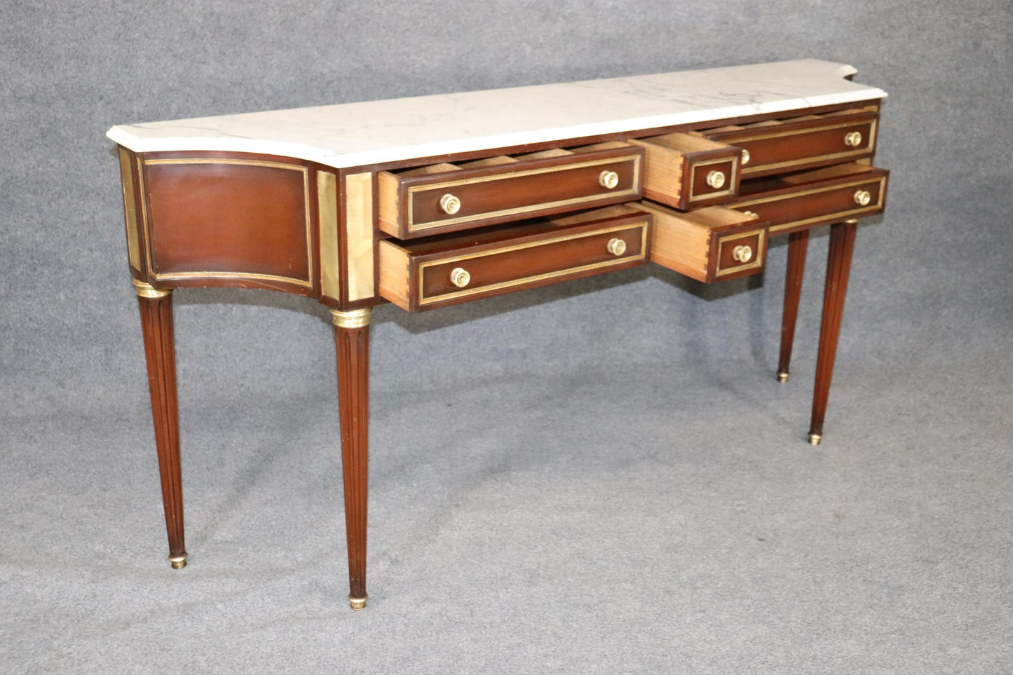 Signed Mahogany Directoire Maison Jansen Brass Adorned Marble Top Console Table