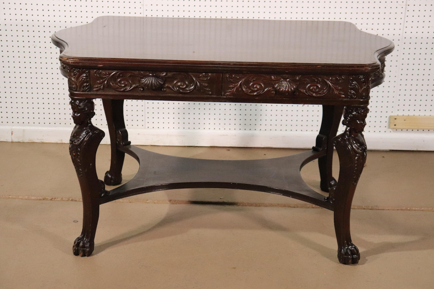 RJ Horner Style Carved Maiden Figural Mahogany Partners Desk Writing Table