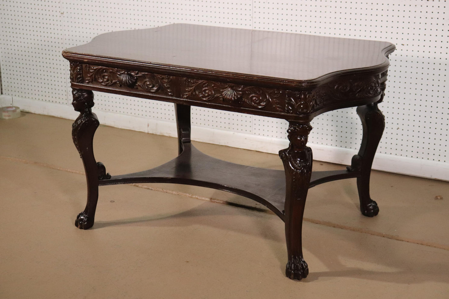 RJ Horner Style Carved Maiden Figural Mahogany Partners Desk Writing Table