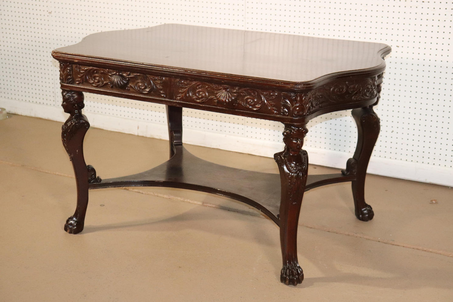 RJ Horner Style Carved Maiden Figural Mahogany Partners Desk Writing Table