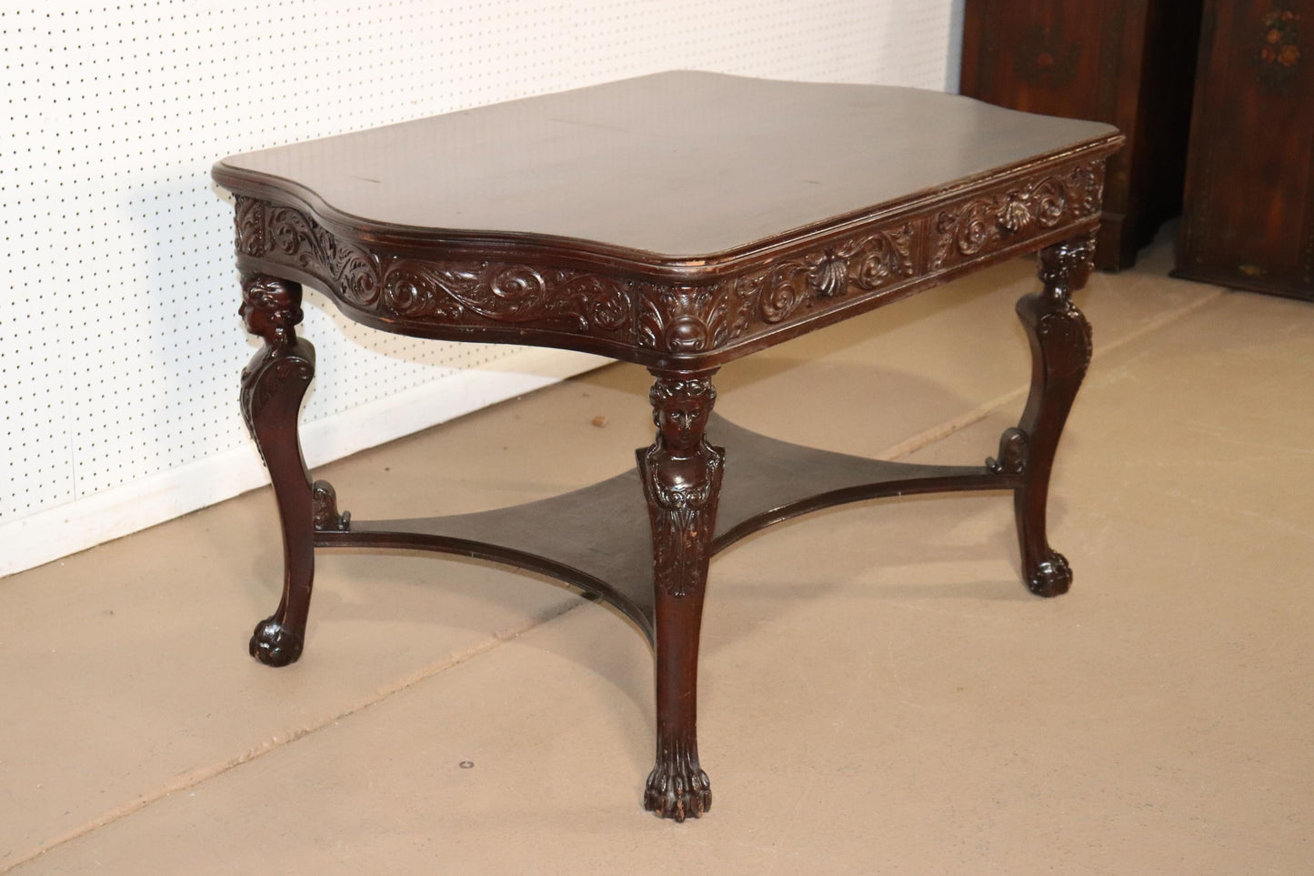 RJ Horner Style Carved Maiden Figural Mahogany Partners Desk Writing Table