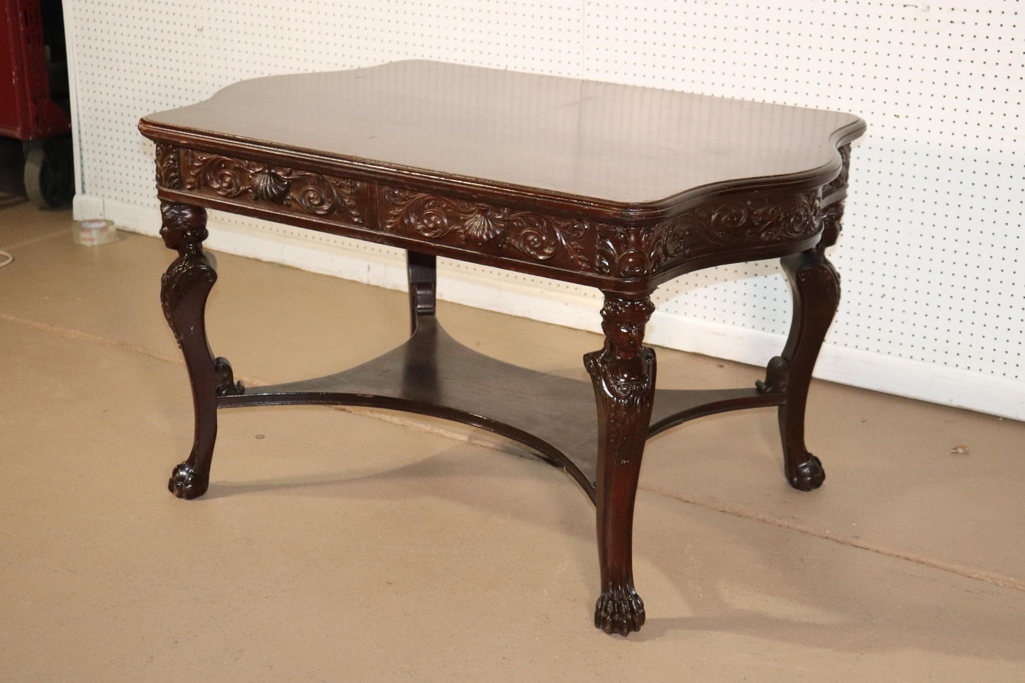 RJ Horner Style Carved Maiden Figural Mahogany Partners Desk Writing Table