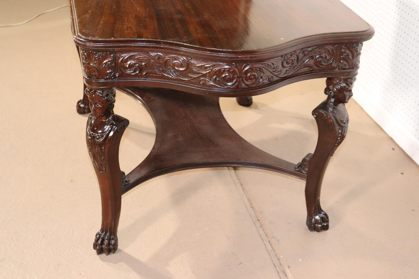 RJ Horner Style Carved Maiden Figural Mahogany Partners Desk Writing Table