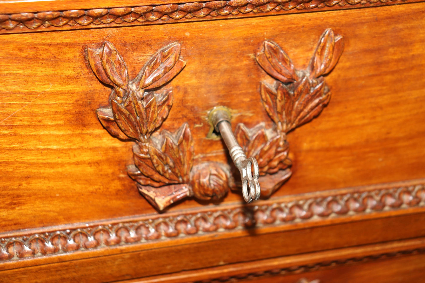 Fine Carved Walnut French Louis XV Secretary Desk Abatant Basket of Flowers