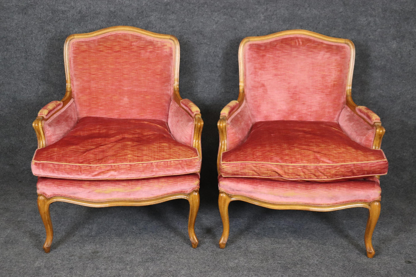 Fine Pair of Gently Worn Rose Velvet French Walnut Louis XV Bergere Chairs