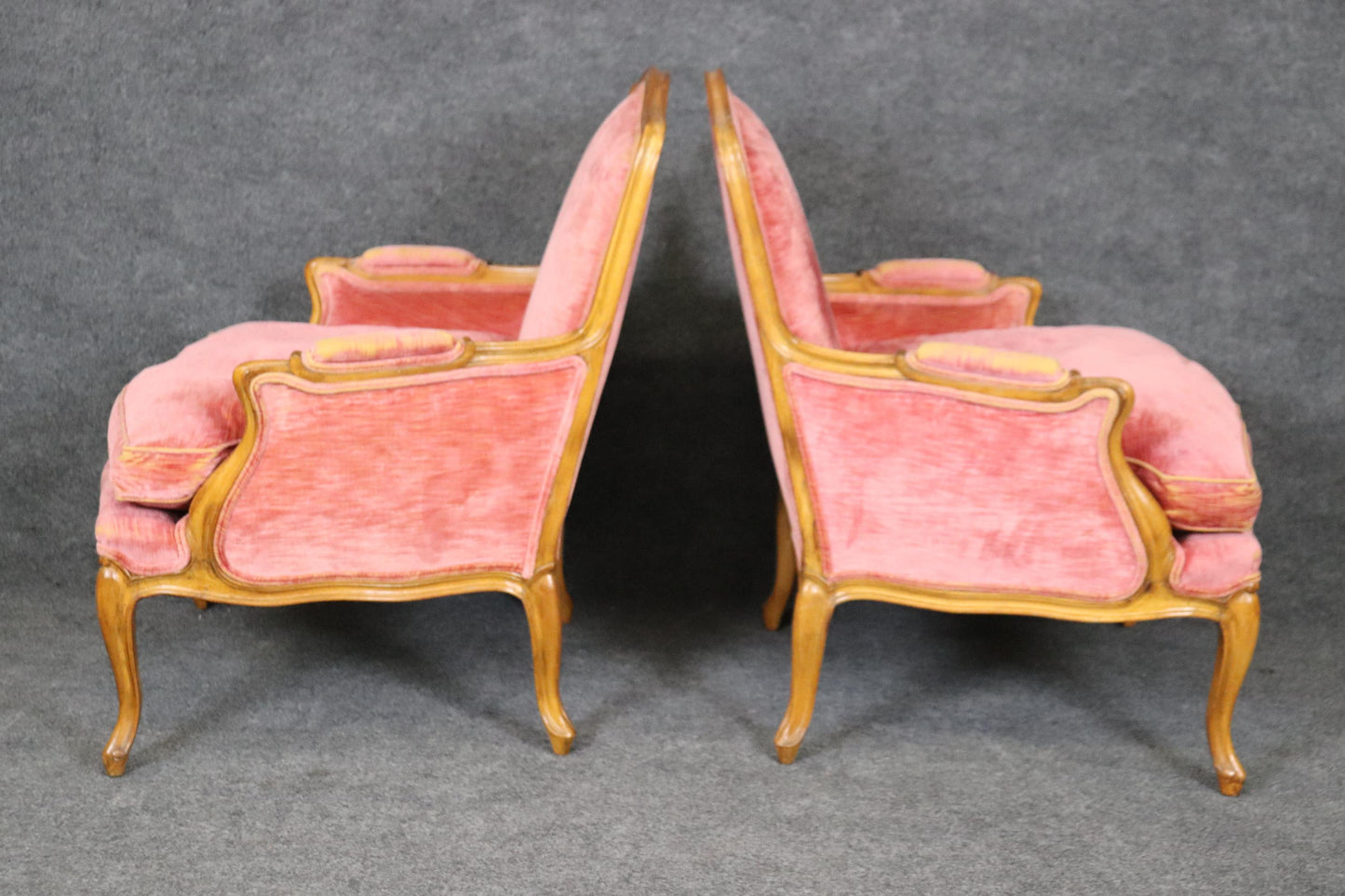 Fine Pair of Gently Worn Rose Velvet French Walnut Louis XV Bergere Chairs