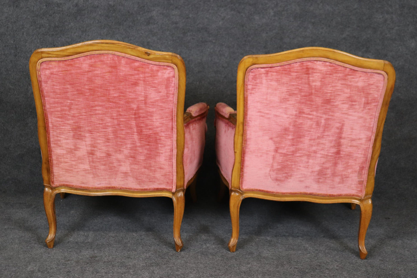 Fine Pair of Gently Worn Rose Velvet French Walnut Louis XV Bergere Chairs