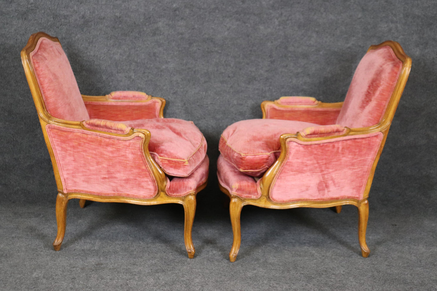 Fine Pair of Gently Worn Rose Velvet French Walnut Louis XV Bergere Chairs