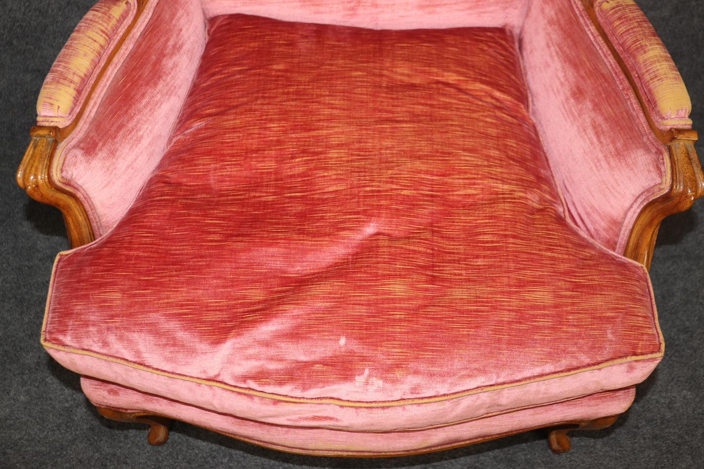 Fine Pair of Gently Worn Rose Velvet French Walnut Louis XV Bergere Chairs