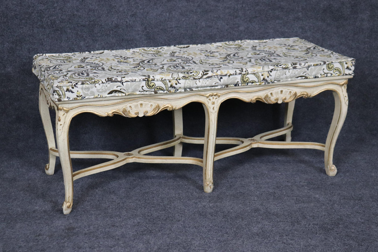 White and Gold Paint Decorated Cane French Louis XV Style Six Leg Window Bench