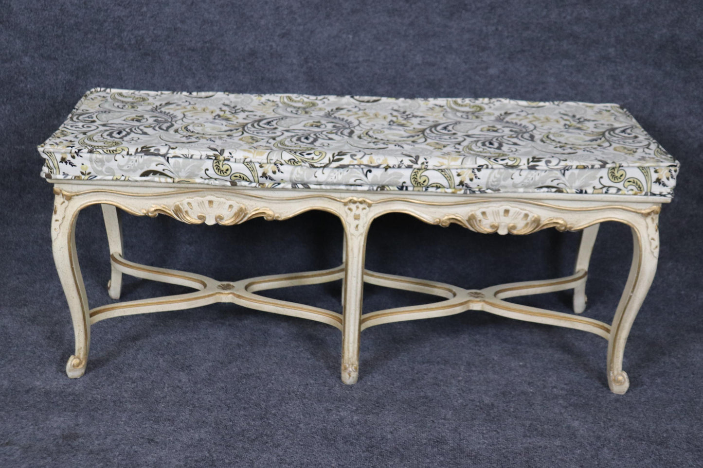 White and Gold Paint Decorated Cane French Louis XV Style Six Leg Window Bench